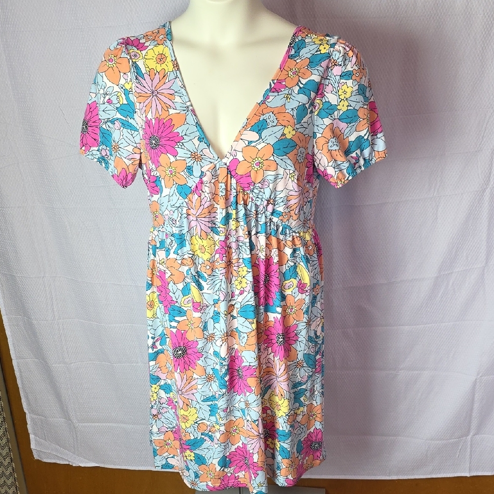 Floral V-Neck Summer Dress - Pink, Orange, Blue, Yellow